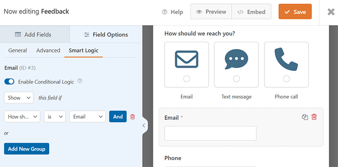 Using conditional logic for form fields