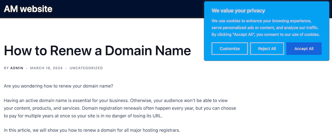 An example of a cookie consent and CCPA/CPRA form, created using CookieYes