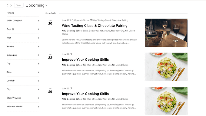 An example of an events calendar on a WordPress website