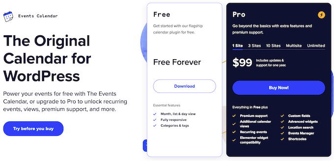 The Events Calendar plugin pricing and plans
