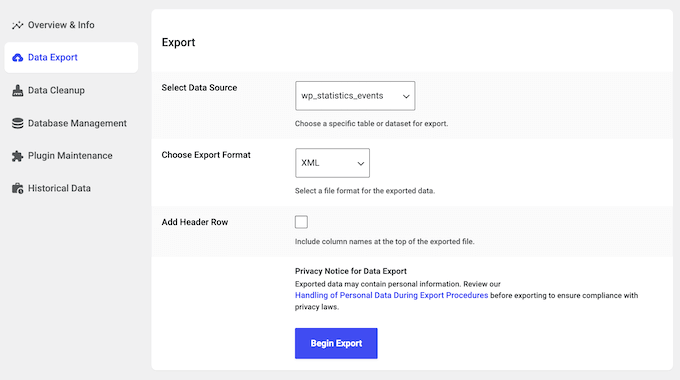 Exporting data from the WordPress dashboard