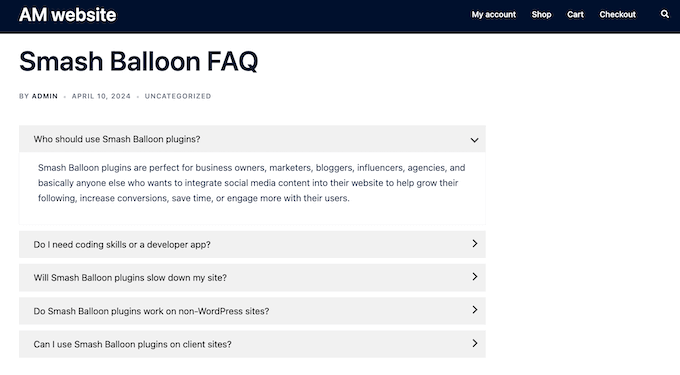 An example of an FAQ section, created using Ultimate Blocks