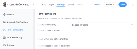 Formidable Forms' form permissions settings