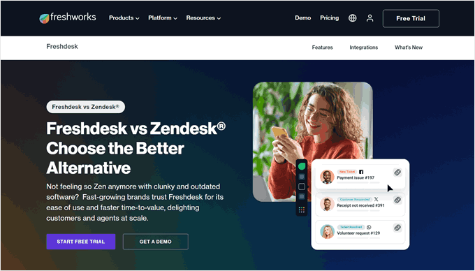 Freshdesk as Zendesk alternative landing page