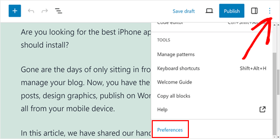 Opening the Preferences settings in the WordPress block editor Opening the Preferences settings in the WordPress block editor