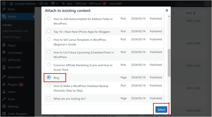 Selecting a post or page to attach a media file to