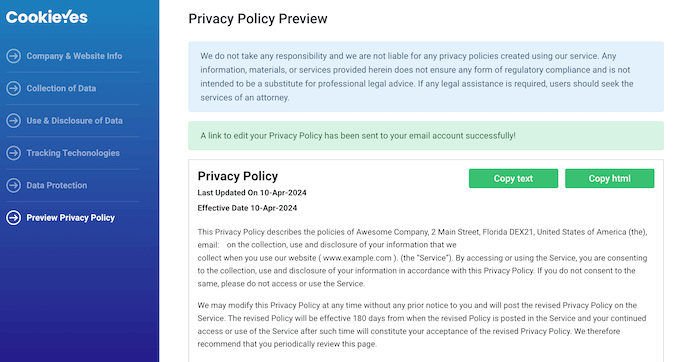 An example of a privacy policy, created using CookieYes