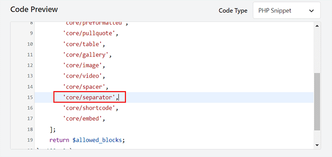 Remove separator blocks' name from the list in the code snippet