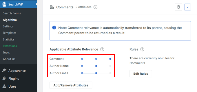 Configuring the Applicable Attribute Relevance for Comments in SearchWP