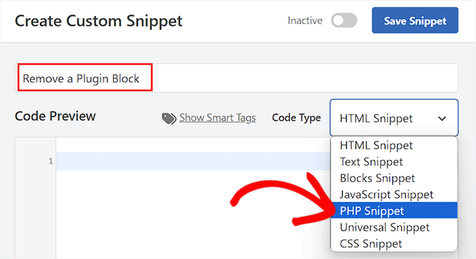 Select PHP snippet to remove a plugin block