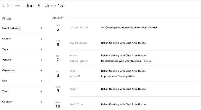 A summary of events, created using The Events Calendar plugin