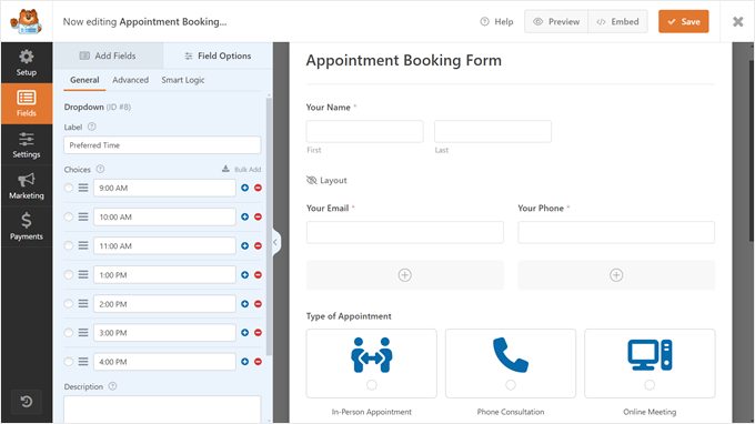 WPForms appointment booking form template