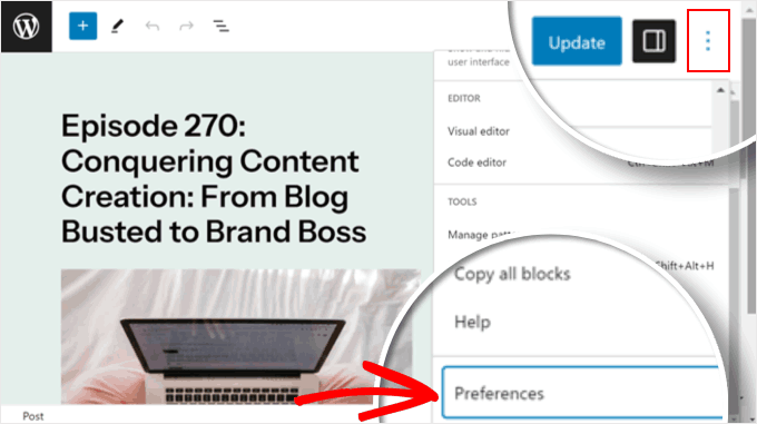 Opening the Preferences menu in the block editor