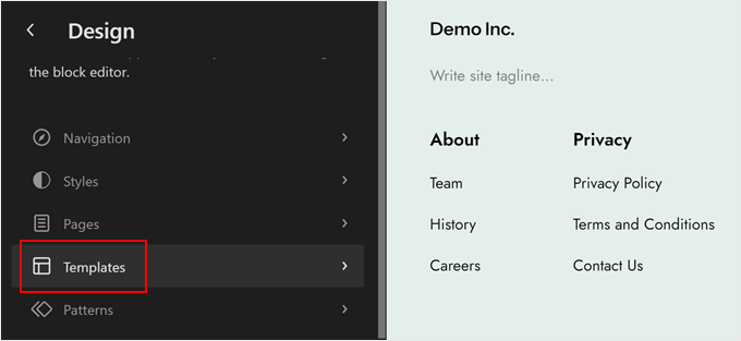 Opening the Templates menu in full-site editor