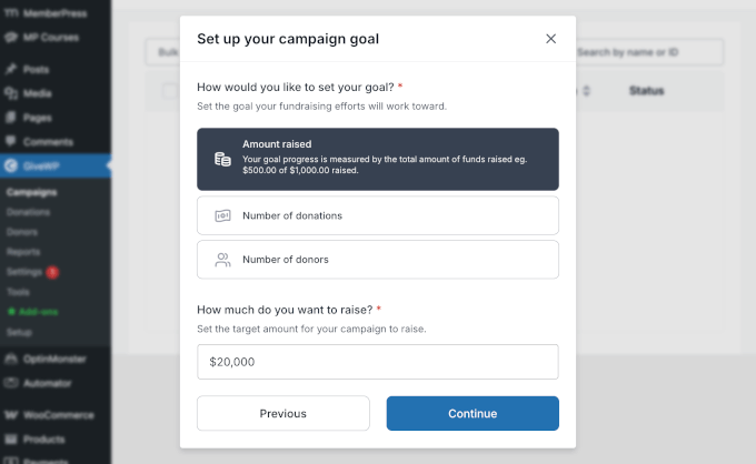 Setting up campaign goal in GiveWP