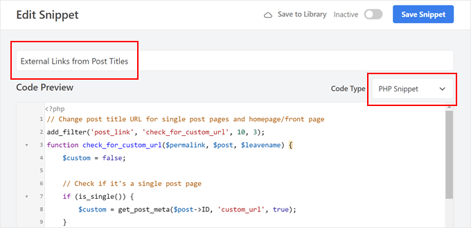 Creating a new WPCode code snippet for linking to external links from post titles