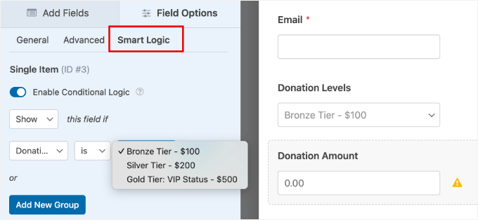 Using conditional logic in WPForms donation form