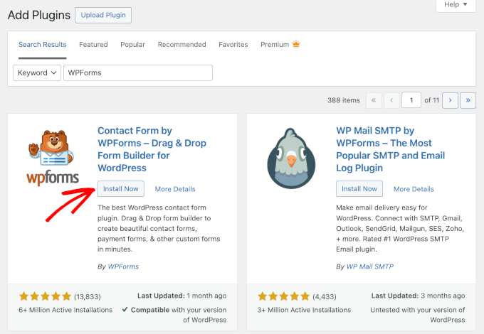 Il pulsante Installa ora nel risultato della ricerca di WPForms quando si aggiunge un nuovo plugin su WordPress