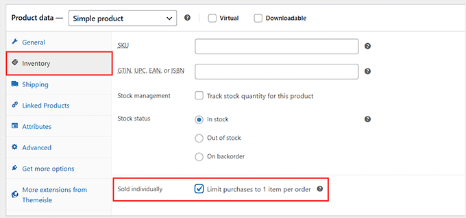 Check the 'Sold Individually' box in WooCommerce Check the 'Sold Individually' box in WooCommerce