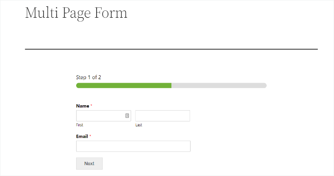 Un exemplu de formular cu mai multe pagini, creat folosind WPForms