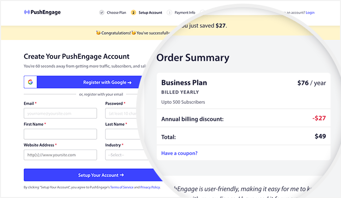 Código promocional PushEngage adicionado Código promocional PushEngage adicionado