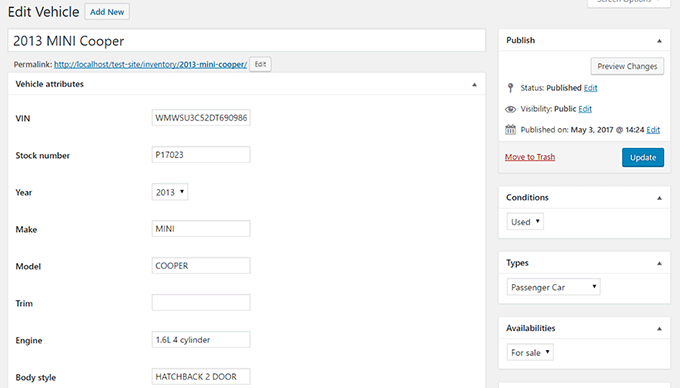Vehicle editor in Car Dealer Listings