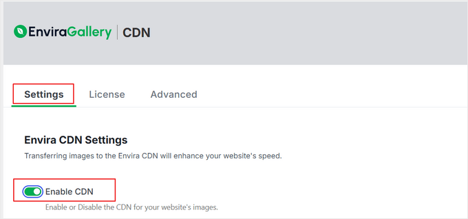 Abilita Envira CDN attivando l'interruttore Abilita Envira CDN attivando l'interruttore