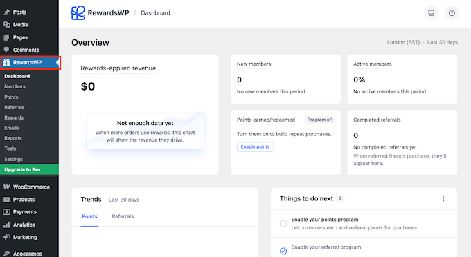 The RewardsWP referral dashboard 