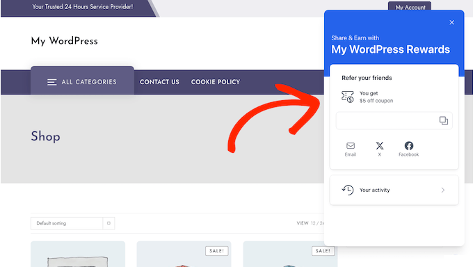 An example of a referral program for your WooCommerce customers, created using RewardsWP