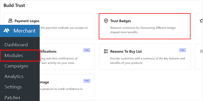 Choose the trust badges module in Merchant Choose the trust badges module in Merchant