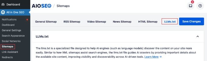 LMMs.txt Settings in AIOSEO