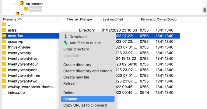Använda FTP för att byta namn på den aktuella temamappen