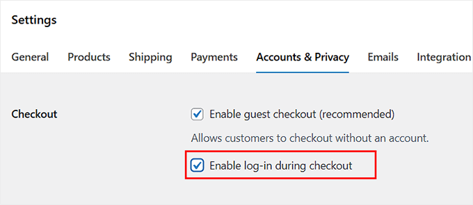 Check Enable Log-in During Checkout option