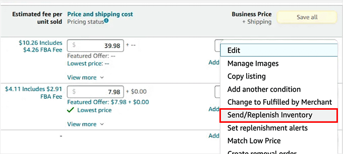 Klicka på knappen Skicka/Fyll på lager