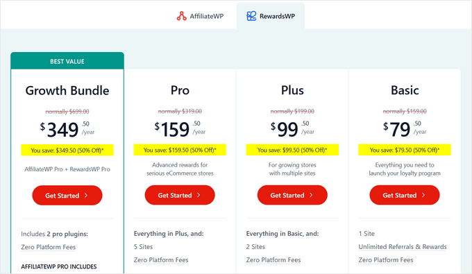 RewardsWP's various plans and pricing tiers 