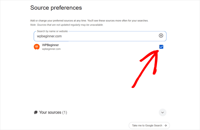 Selecione o WPBeginner como uma fonte preferida no Google