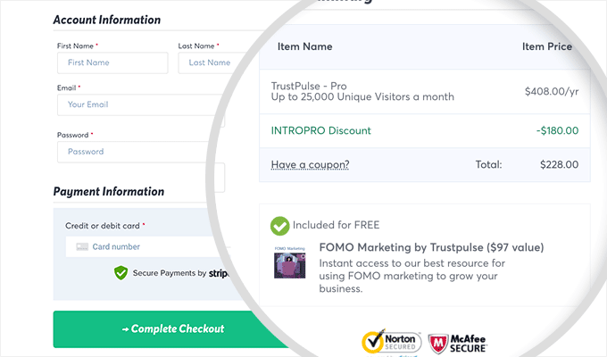 TrustPulse kassa och betalning