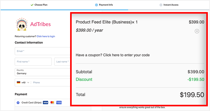 Página de pago de AdTribes