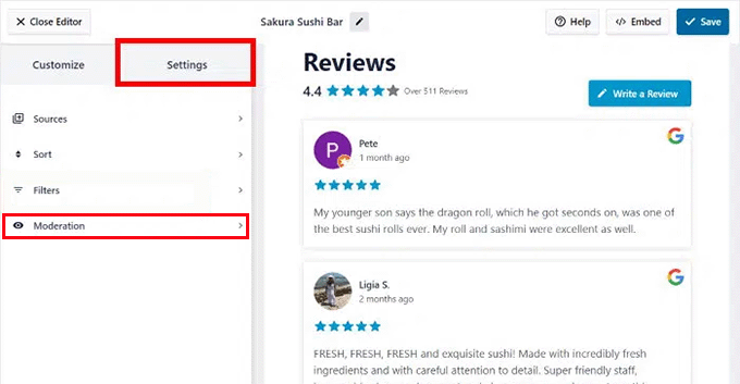 Välj Moderering i fliken Inställningar i Smash Balloon Välj Moderering i fliken Inställningar i Smash Balloon