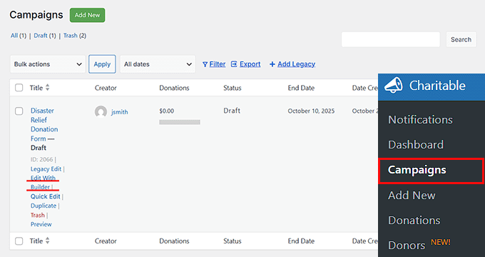 Click Edit With Builder link in Charitable