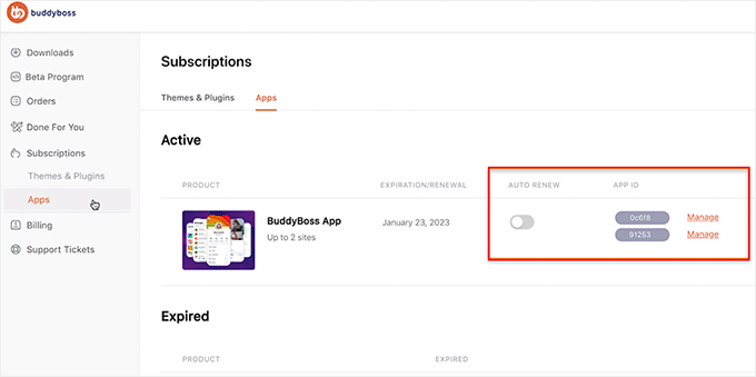Click the Manage button next to the BuddyBoss app