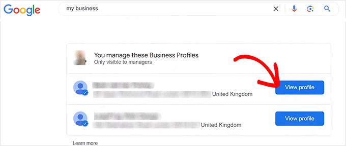Klicka på knappen Visa profil för att visa din Google Business Profile Klicka på knappen Visa profil för att visa din Google Business Profile