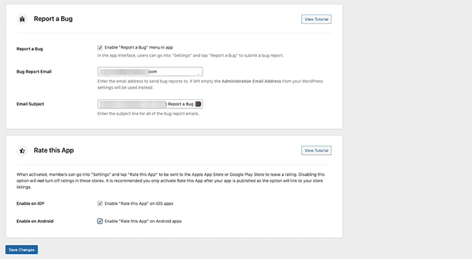 Enable Report a Bug and Rate This App options