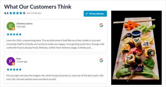 Förhandsgranskning av filtrerade Google-recensioner som visas med Smash Balloon Förhandsgranskning av filtrerade Google-recensioner som visas med Smash Balloon