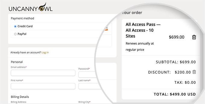 Uncanny Owl checkout and order summary with Uncanny Owl coupon