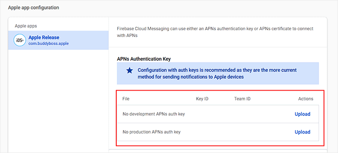 Upload iOS APN authentication key