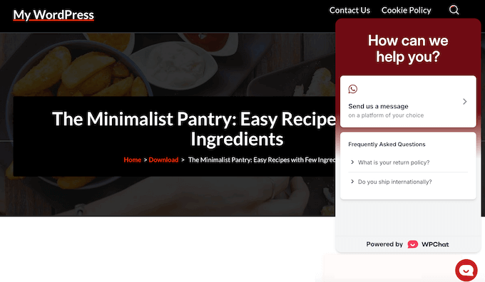 Un exemplu de fereastră de chat live, creată folosind pluginul WPChat WhatsApp