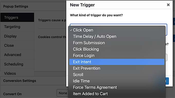 Scegli l'intento di uscita come trigger in Popup Maker