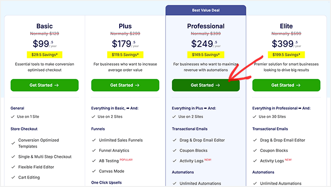 FunnelKit fiyatlandırma sayfası