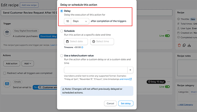 Set a delay period for post purchase review requests in Uncanny Automator